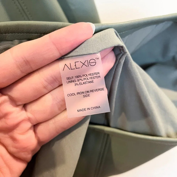 Alexis Vanna Faux Leather Sage Green Square Neck Long Bell Sleeve Mini Dress - Picture 7 of 8